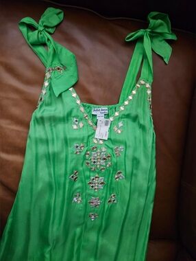 Juliet Dunn Silk Green Mirror Embellished Tie Straps Dress OS Nwt Resortwear
